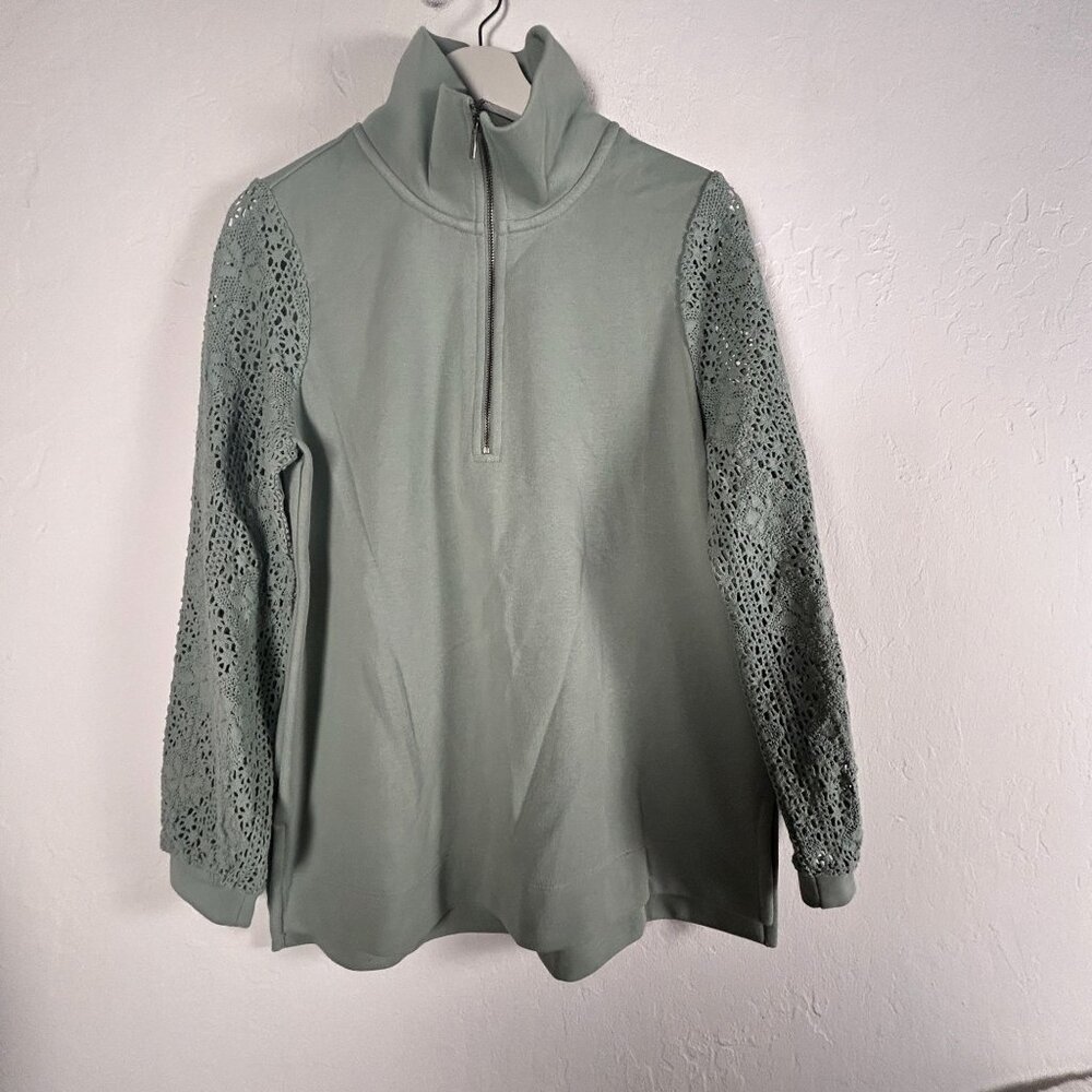 Soft Surroundings Womens Crochet Sleeve French Terry Tunic Medium Green Pullover